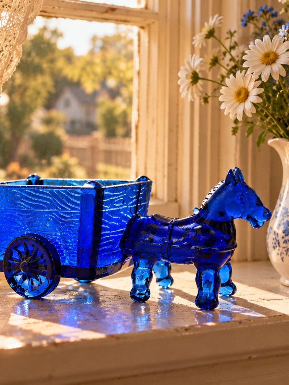 Vintage Jeanette Cobalt Blue Donkey Mule and Cart. CottageCore. Mid-Century Mod